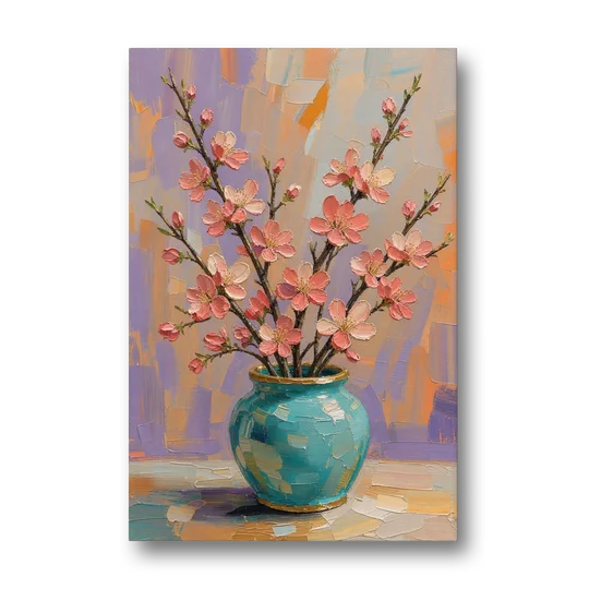 Cherry Blossom Oil Painting in a Turquoise Vase - Canvas Wall Art - Front