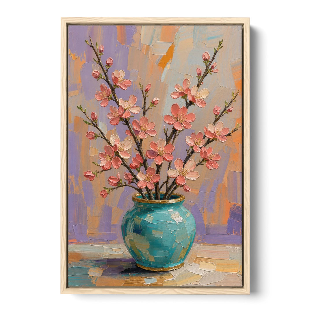 Cherry Blossom Oil Painting in a Turquoise Vase - Oak Framed Canvas Wall Art - Front