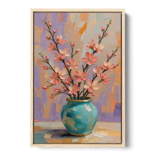 Cherry Blossom Oil Painting in a Turquoise Vase - Oak Framed Canvas Wall Art - Front
