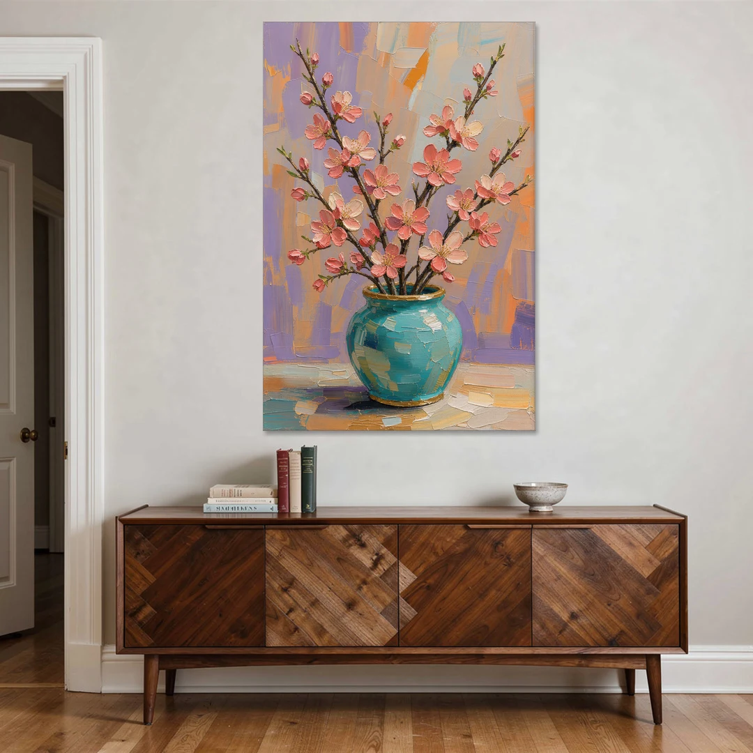 Cherry Blossom Oil Painting in a Turquoise Vase - Canvas Wall Art - Coffee Table - 40x60