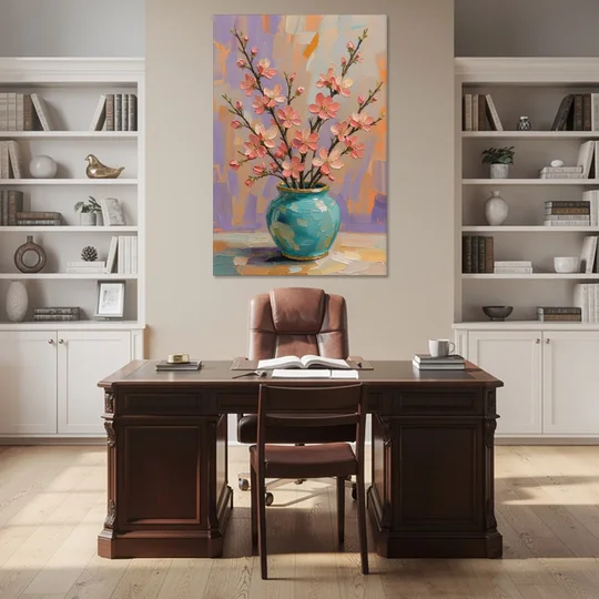 Cherry Blossom Oil Painting in a Turquoise Vase - Canvas Wall Art - Office - 40x60