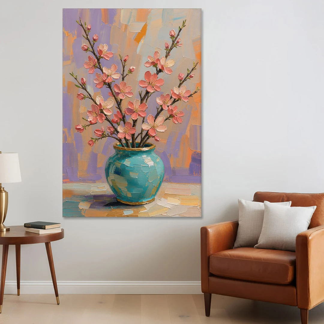Cherry Blossom Oil Painting in a Turquoise Vase - Canvas Wall Art - Sofa - 40x60