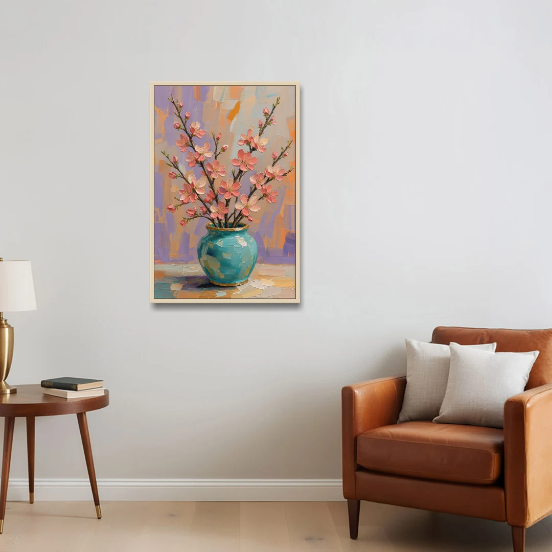Cherry Blossom Oil Painting in a Turquoise Vase - Oak Framed Canvas Wall Art - Sofa - 24x36