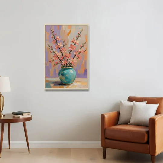 Cherry Blossom Oil Painting in a Turquoise Vase - Oak Framed Canvas Wall Art - Sofa - 24x36