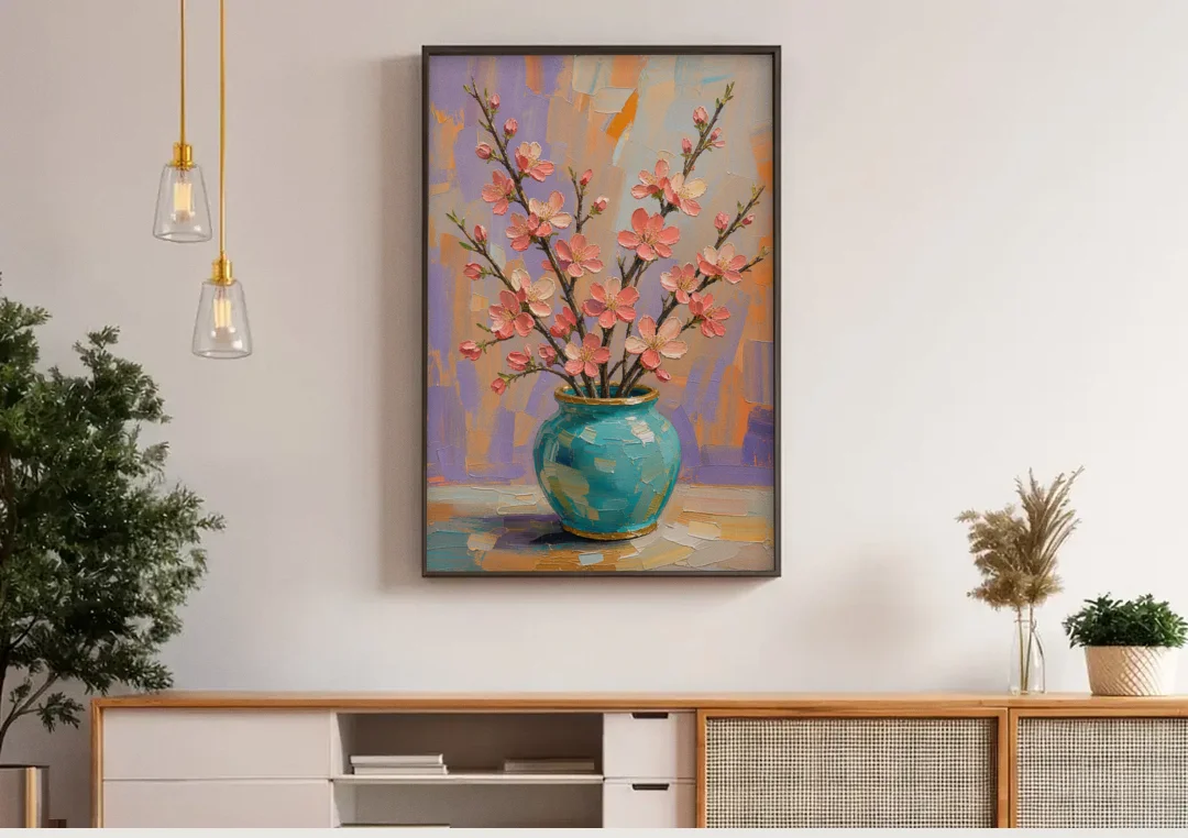Cherry Blossom Oil Painting in a Turquoise Vase canvas wall art above a wooden sideboard under pendant lights