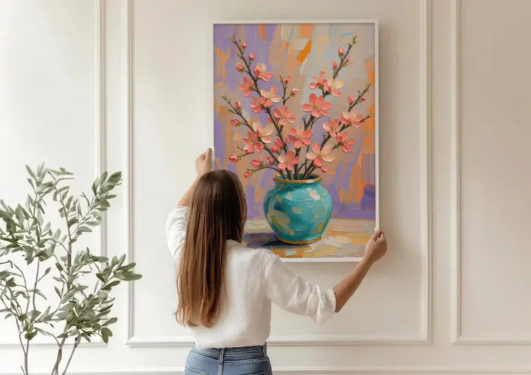 Cherry Blossom Oil Painting in a Turquoise Vase canvas wall art being hung on a paneled wall
