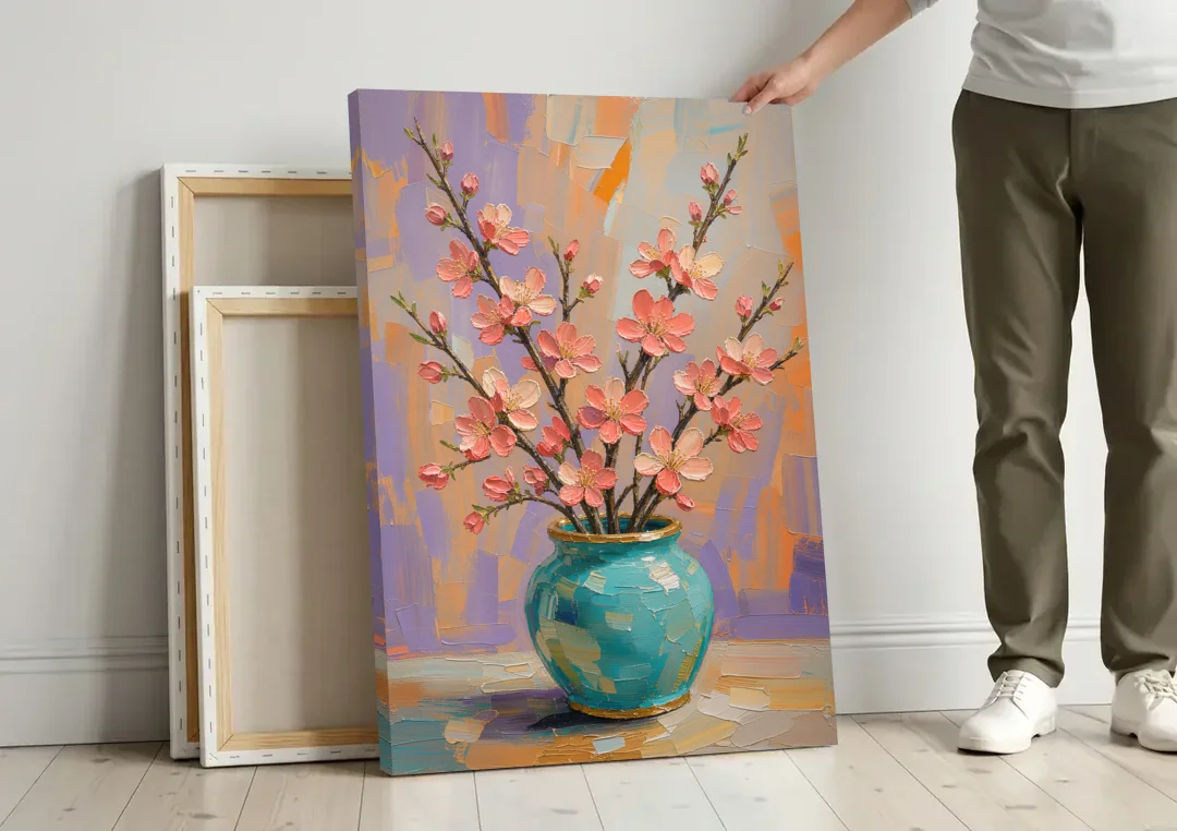 Cherry Blossom Oil Painting in a Turquoise Vase canvas wall art leaning against a wall next to blank canvases