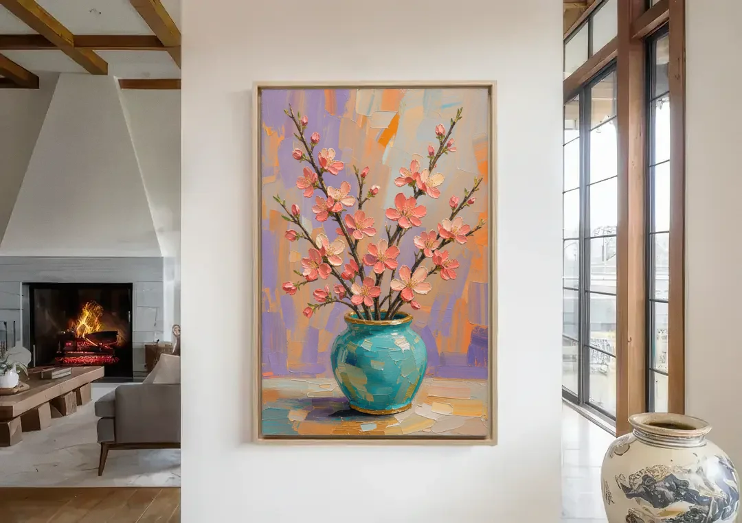 Cherry Blossom Oil Painting in a Turquoise Vase canvas wall art in a living room with a fireplace