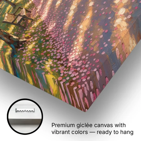 Cherry Blossom Path Painting in Late Sun - Canvas Wall Art - Gallery Wrap Corner