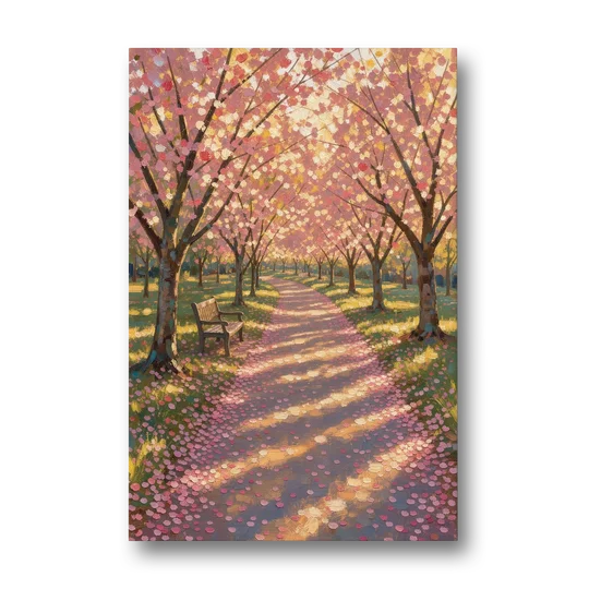 Cherry Blossom Path Painting in Late Sun - Canvas Wall Art - Front