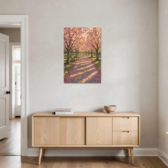 Cherry Blossom Path Painting in Late Sun - Canvas Wall Art - Coffee Table - 24x36