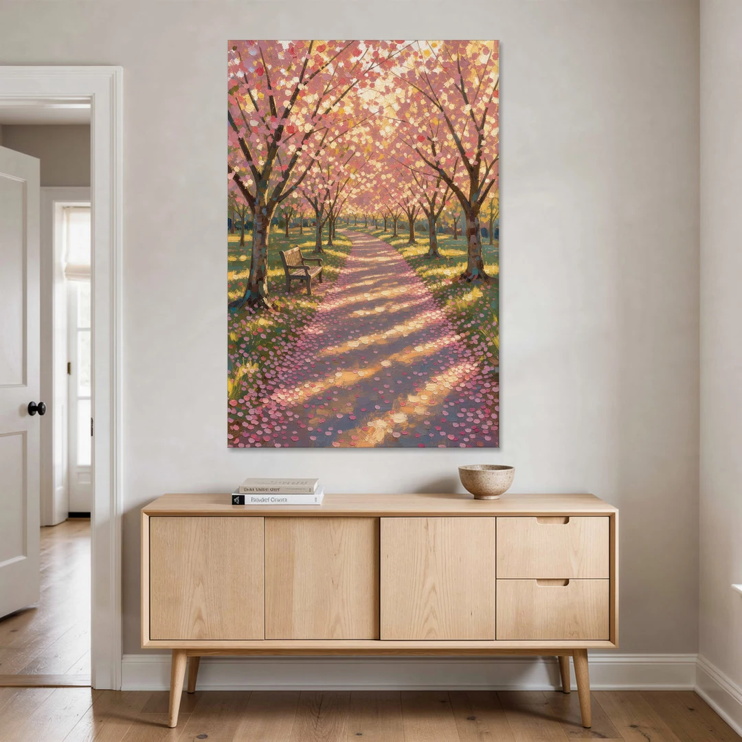 Cherry Blossom Path Painting in Late Sun - Canvas Wall Art - Coffee Table - 40x60