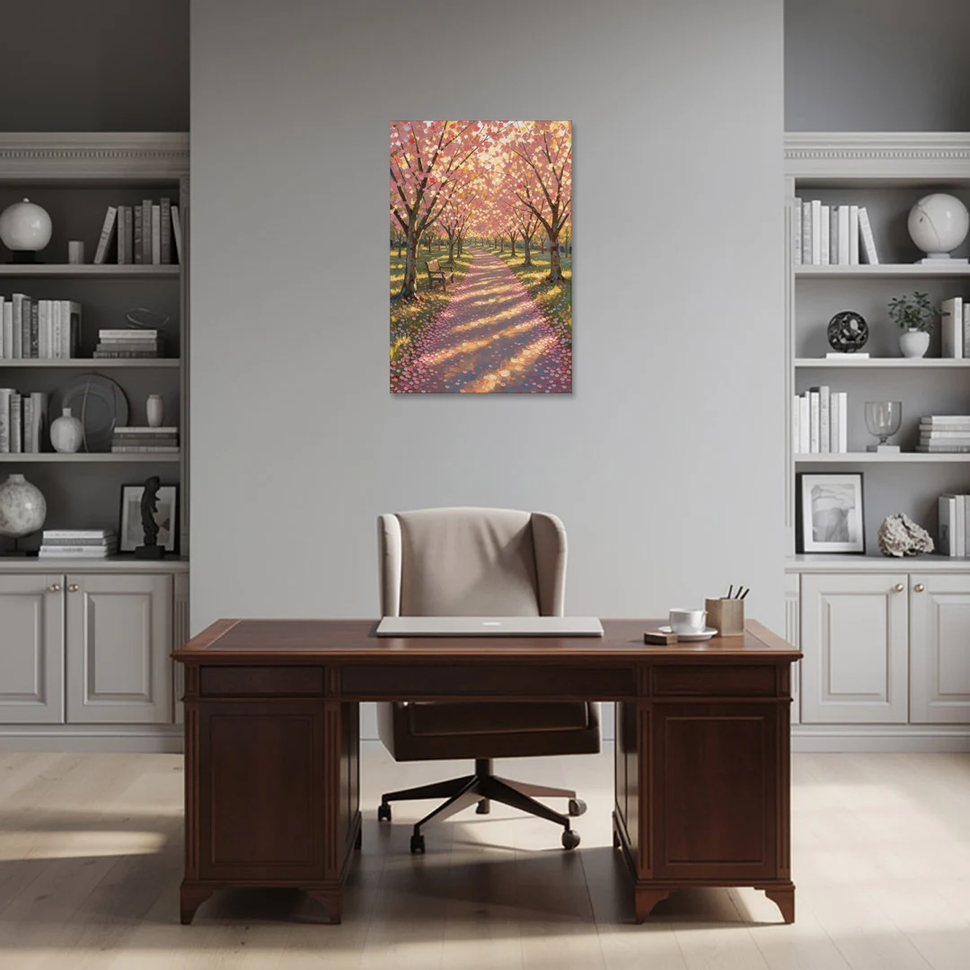 Cherry Blossom Path Painting in Late Sun - Canvas Wall Art - Office - 24x36