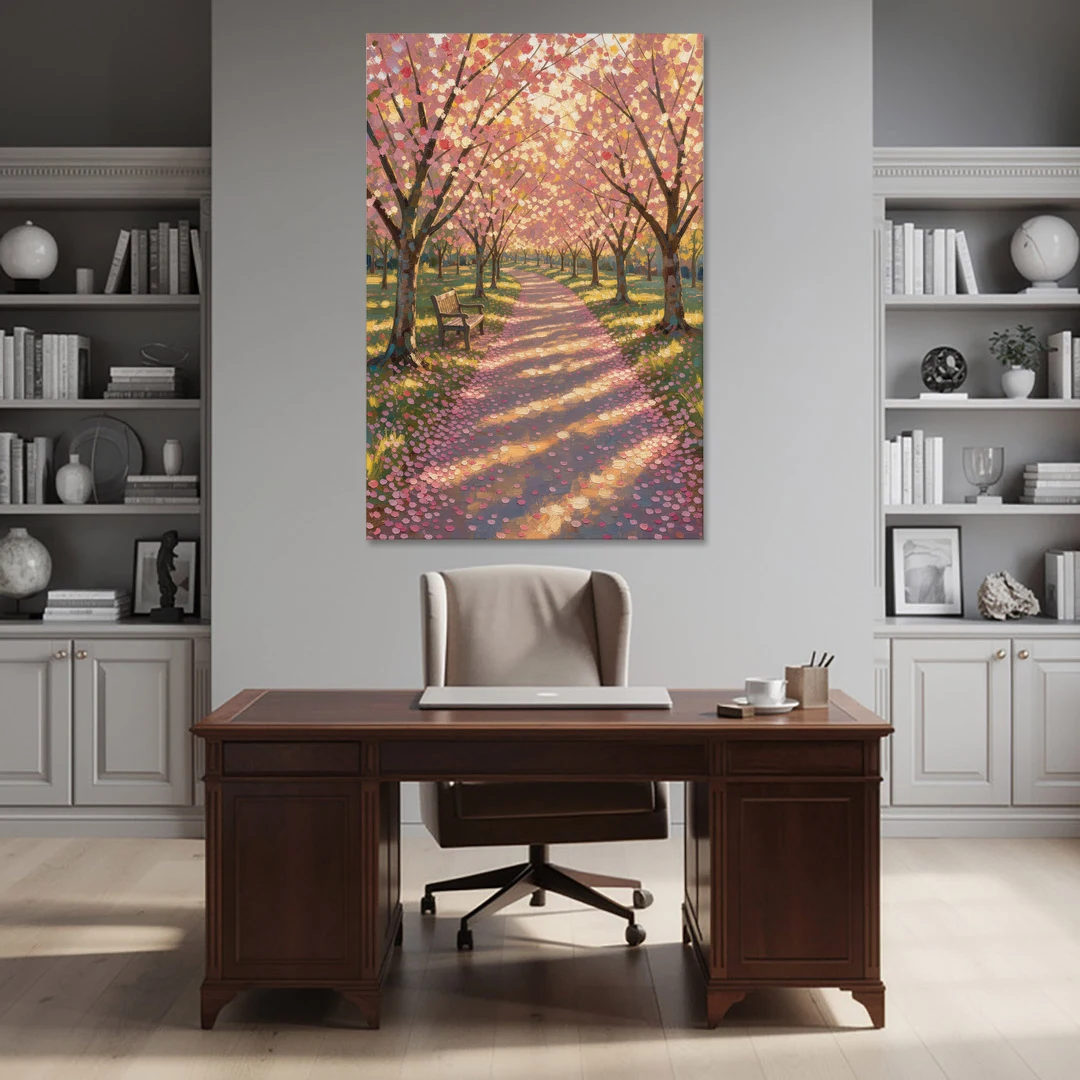 Cherry Blossom Path Painting in Late Sun - Canvas Wall Art - Office - 40x60