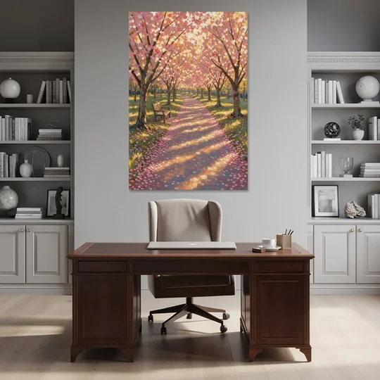 Cherry Blossom Path Painting in Late Sun - Canvas Wall Art - Office - 40x60