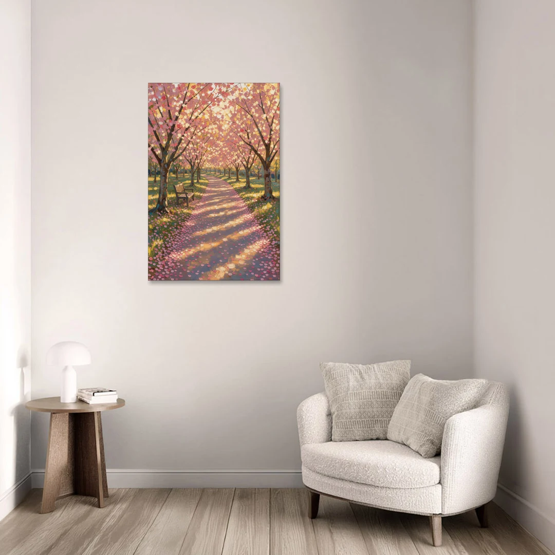 Cherry Blossom Path Painting in Late Sun - Canvas Wall Art - Sofa - 24x36