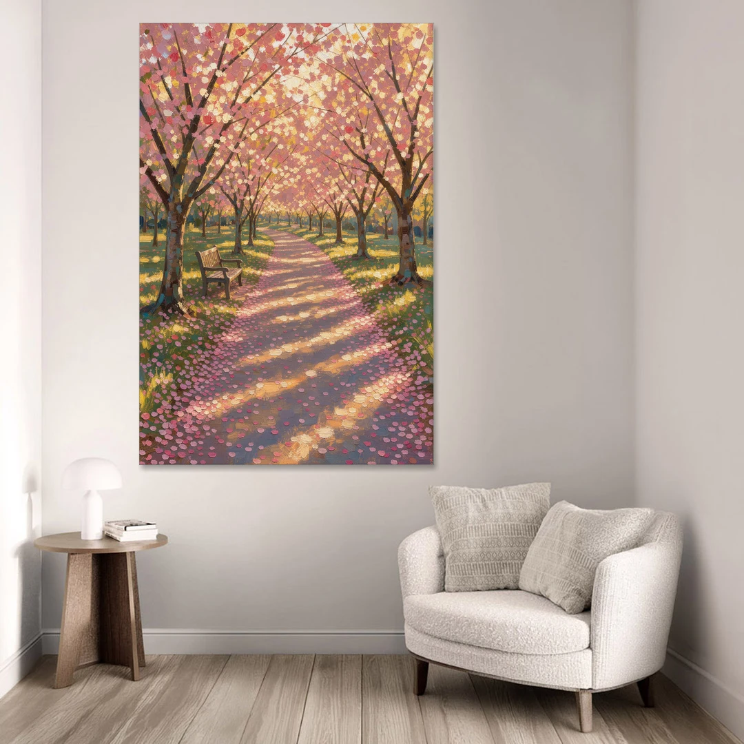 Cherry Blossom Path Painting in Late Sun - Canvas Wall Art - Sofa - 40x60