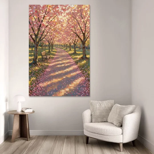 Cherry Blossom Path Painting in Late Sun - Canvas Wall Art - Sofa - 40x60
