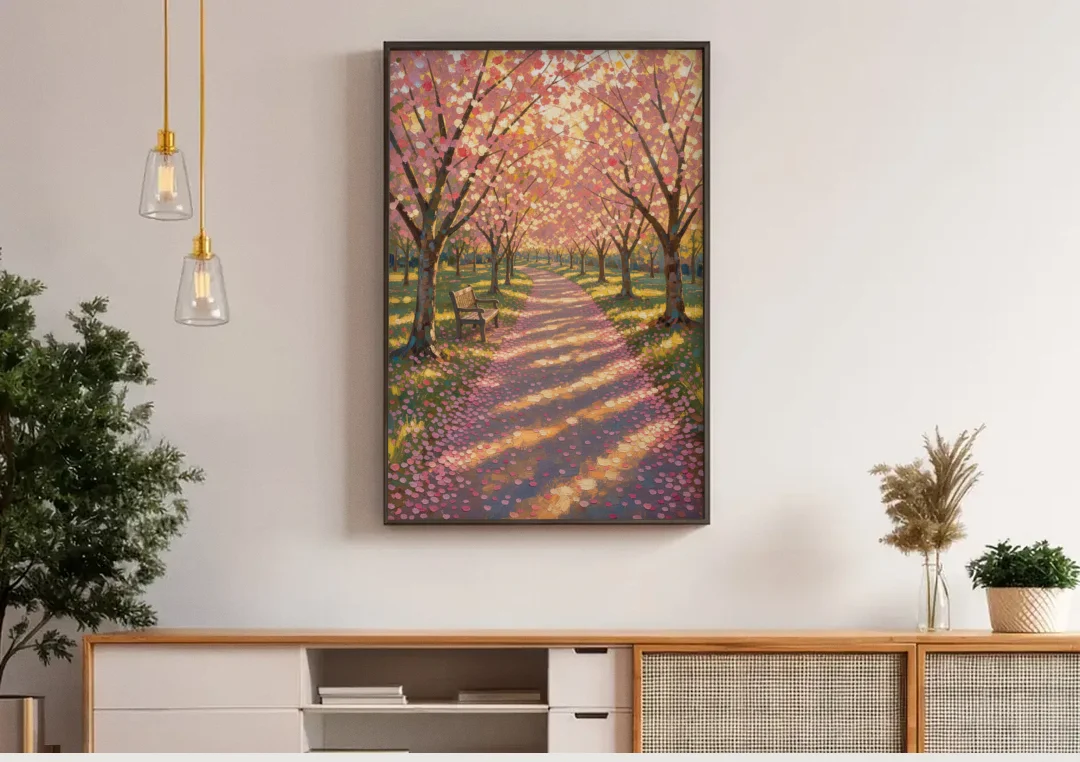 Cherry Blossom Path Painting in Late Sun canvas wall art above a wooden sideboard under pendant lights