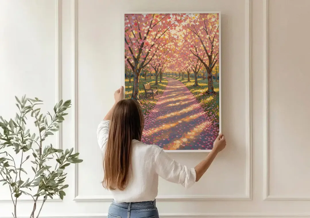 Cherry Blossom Path Painting in Late Sun canvas wall art being hung on a paneled wall