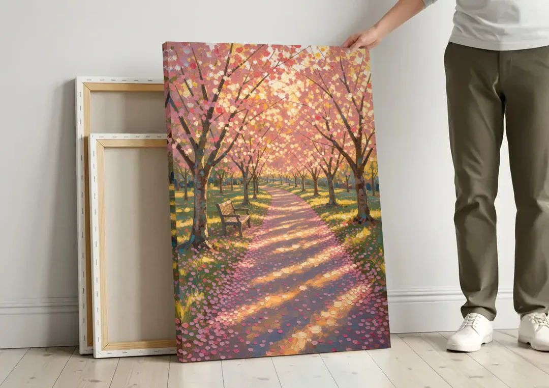 Cherry Blossom Path Painting in Late Sun canvas wall art leaning against a wall next to blank canvases