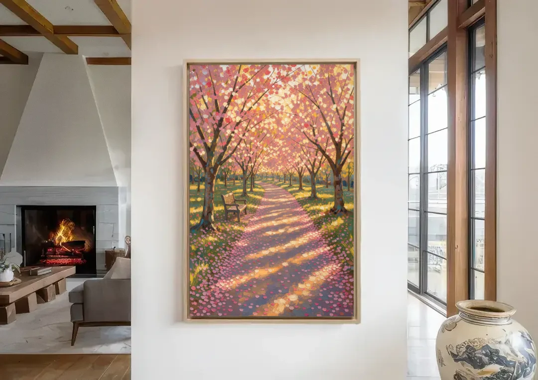 Cherry Blossom Path Painting in Late Sun canvas wall art in a living room with a fireplace
