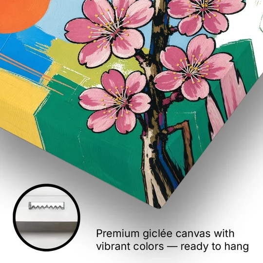 Cherry Blossom Pop Art Branch with Orange Sun - Canvas Wall Art - Gallery Wrap Corner