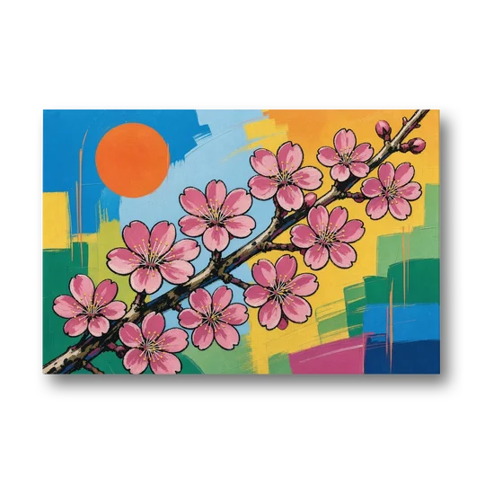 Cherry Blossom Pop Art Branch with Orange Sun - Canvas Wall Art - Front