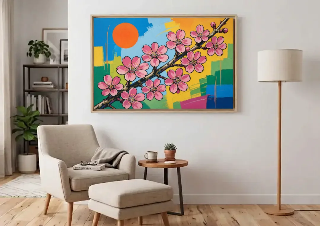 Cherry Blossom Pop Art Branch with Orange Sun canvas wall art above an armchair in a bright living room