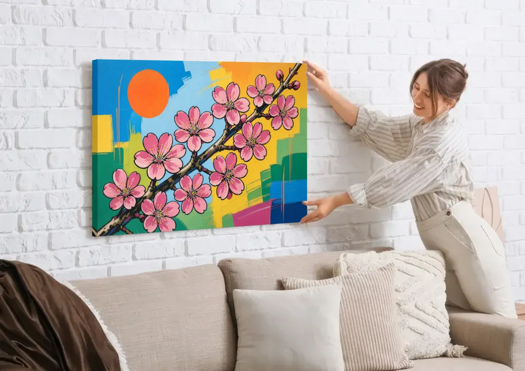 Cherry Blossom Pop Art Branch with Orange Sun canvas wall art being hung on a white brick wall above a sofa