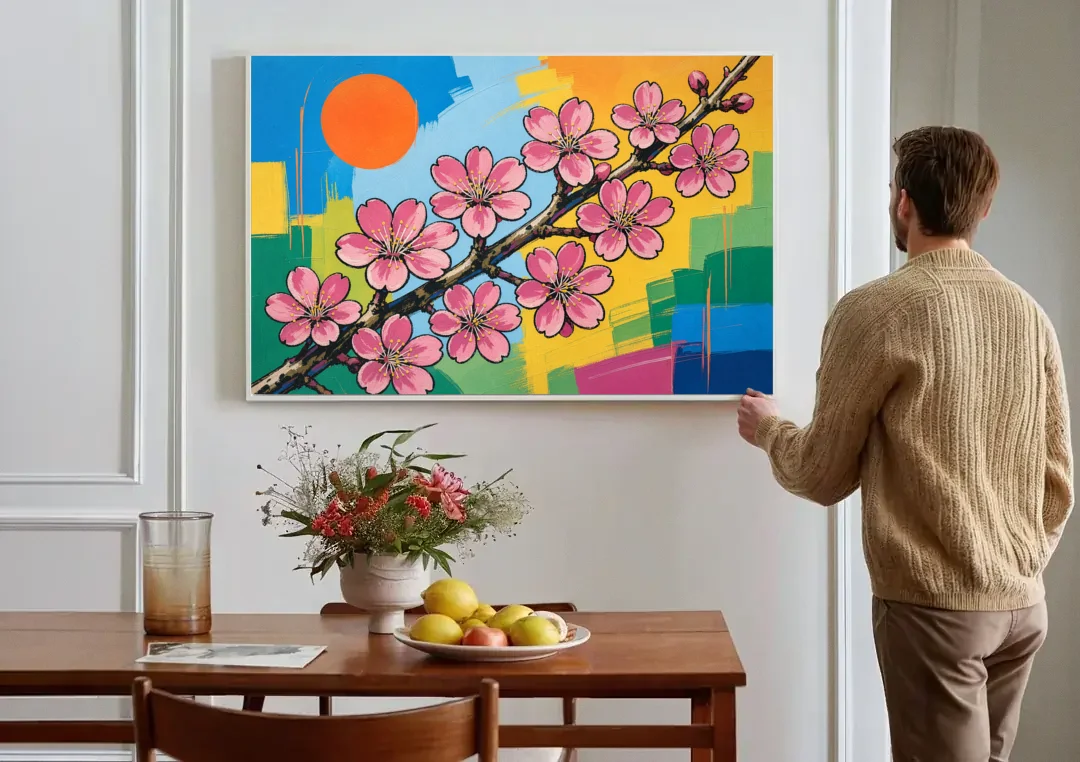 Cherry Blossom Pop Art Branch with Orange Sun canvas wall art above a dining table