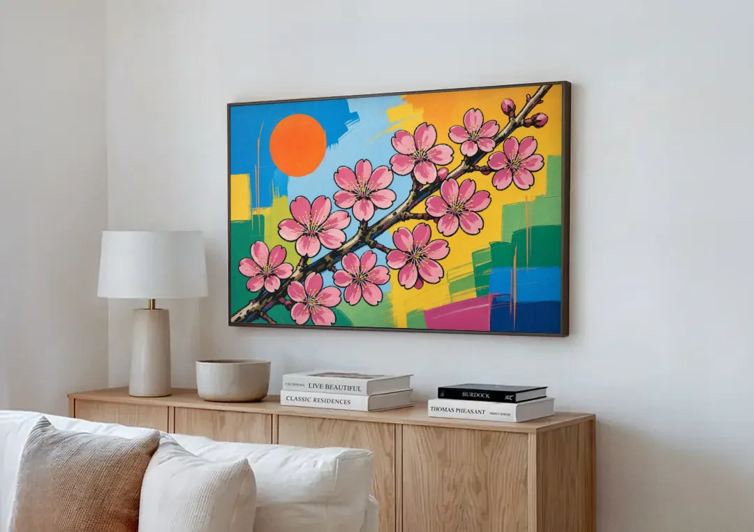 Cherry Blossom Pop Art Branch with Orange Sun canvas wall art above a wooden sideboard next to a sofa