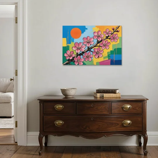 Cherry Blossom Pop Art Branch with Orange Sun - Canvas Wall Art - Coffee Table - 36x24