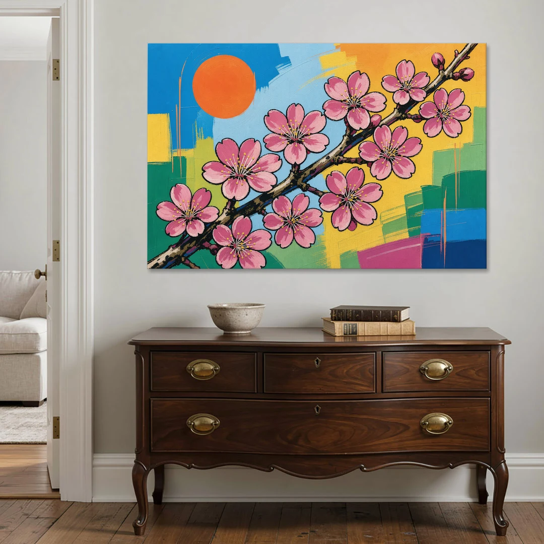 Cherry Blossom Pop Art Branch with Orange Sun - Canvas Wall Art - Coffee Table - 60x40