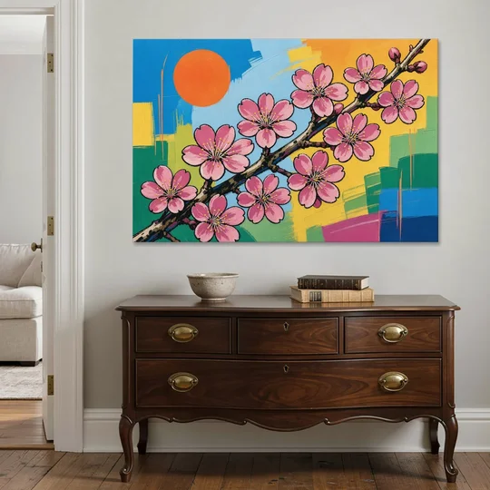 Cherry Blossom Pop Art Branch with Orange Sun - Canvas Wall Art - Coffee Table - 60x40