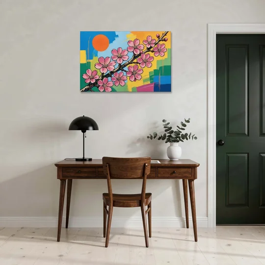 Cherry Blossom Pop Art Branch with Orange Sun - Canvas Wall Art - Office - 36x24