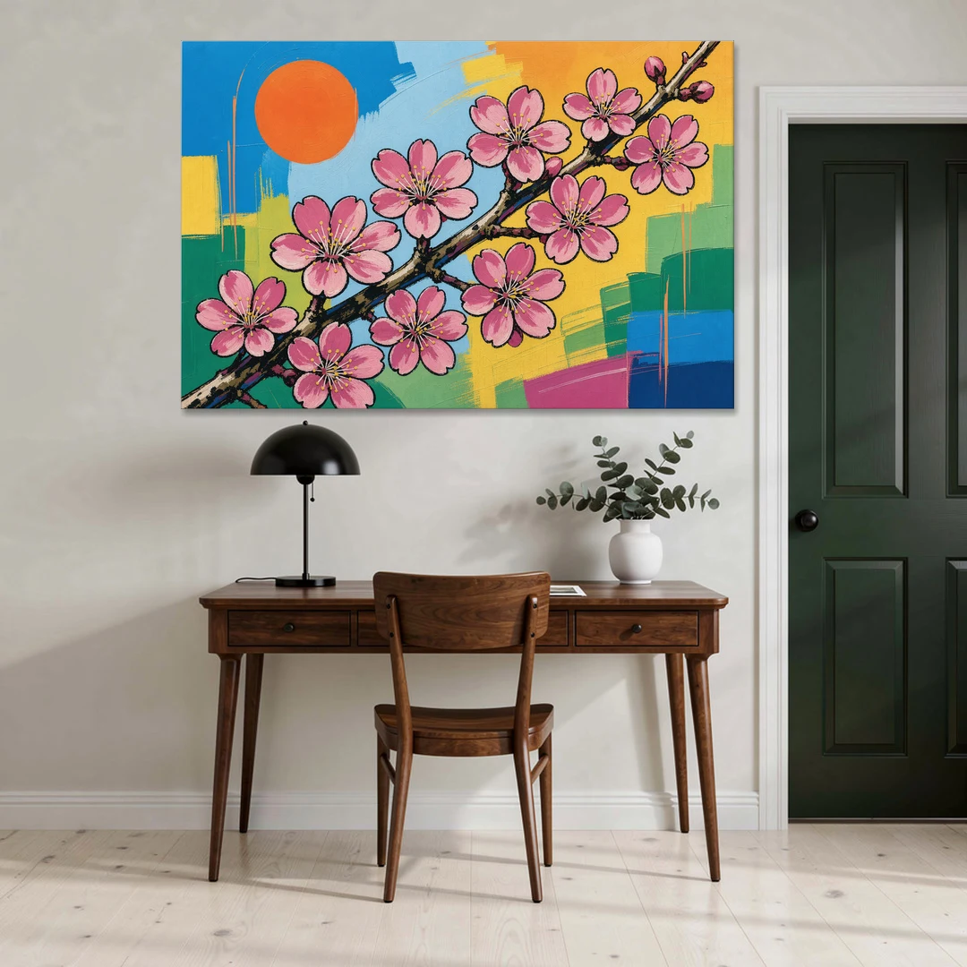 Cherry Blossom Pop Art Branch with Orange Sun - Canvas Wall Art - Office - 60x40