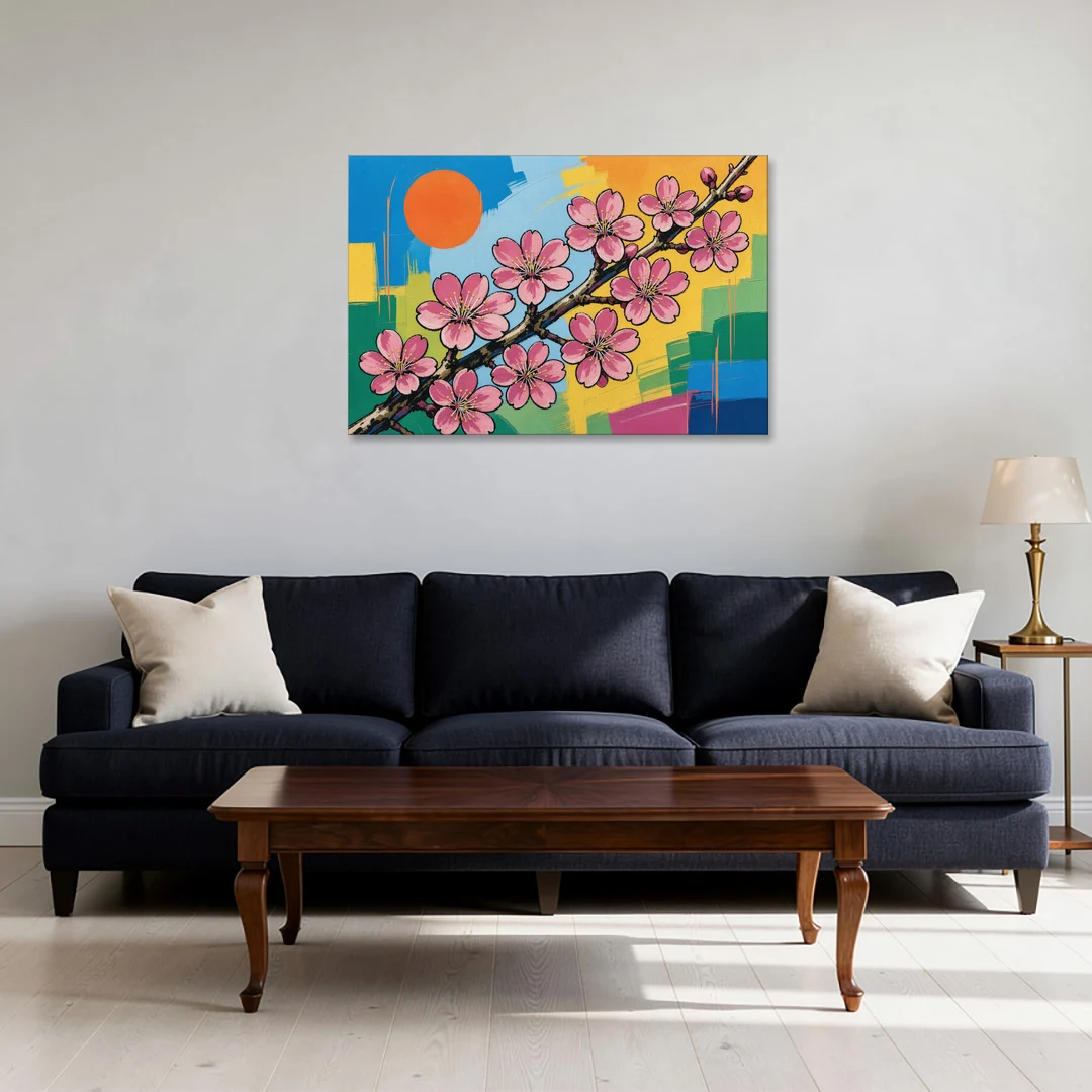 Cherry Blossom Pop Art Branch with Orange Sun - Canvas Wall Art - Sofa - 36x24
