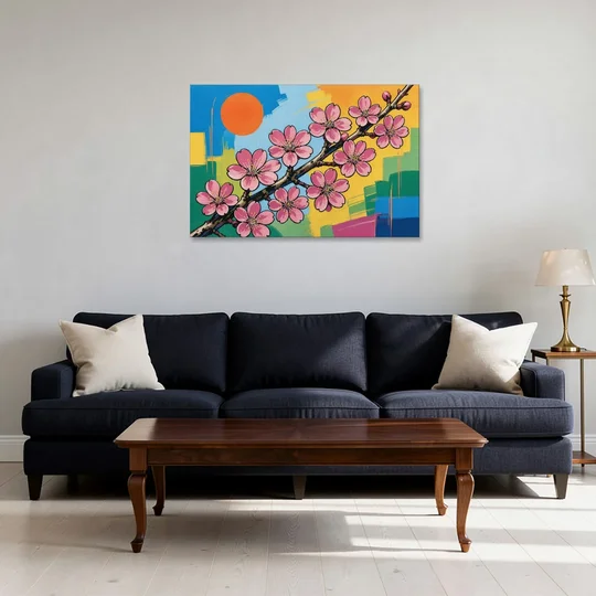 Cherry Blossom Pop Art Branch with Orange Sun - Canvas Wall Art - Sofa - 36x24