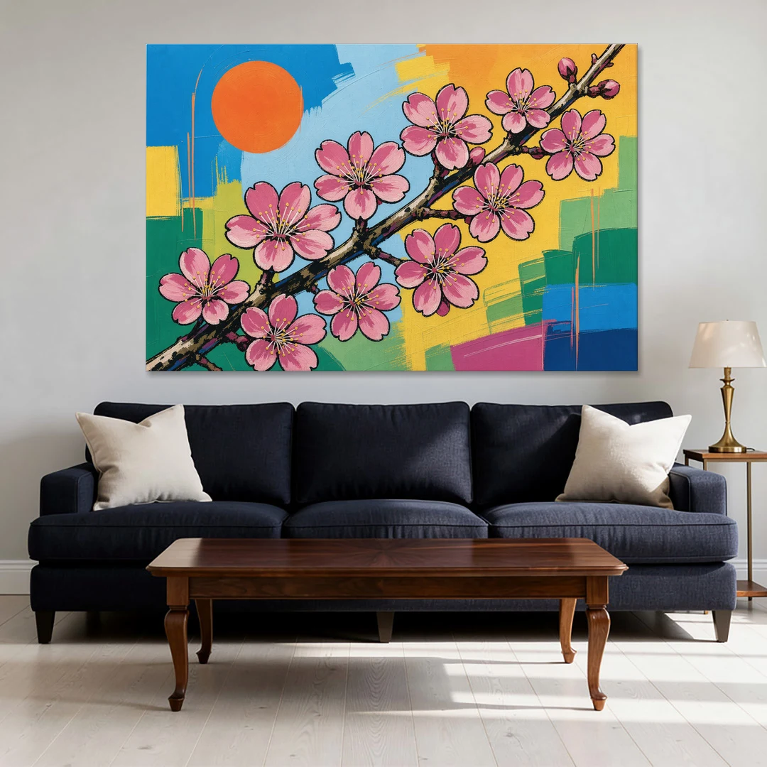 Cherry Blossom Pop Art Branch with Orange Sun - Canvas Wall Art - Sofa - 60x40