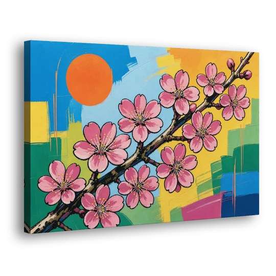 Cherry Blossom Pop Art Branch with Orange Sun - Canvas Wall Art - Side