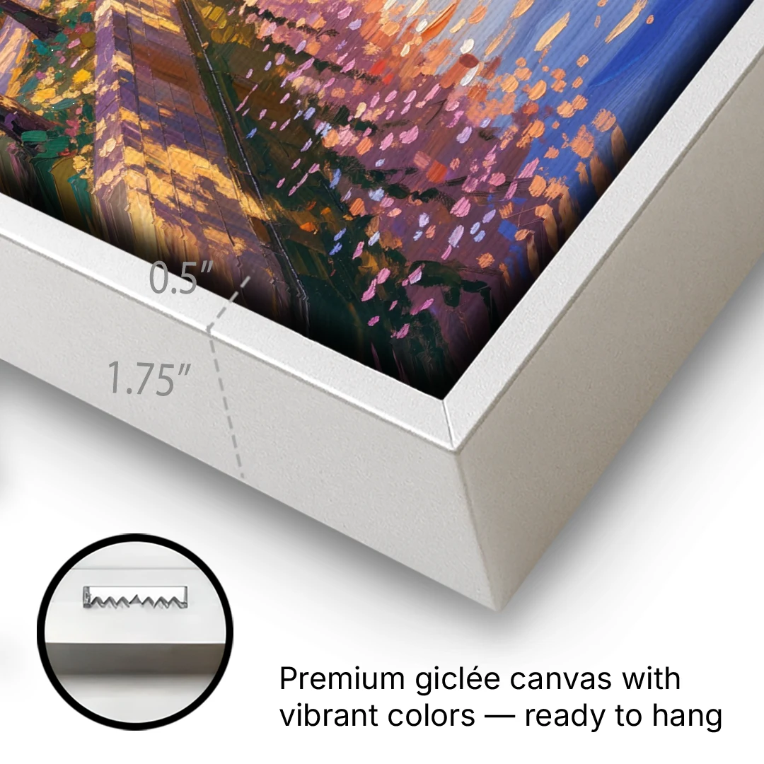 Cherry Blossom River Painting at Sunset - White Framed Canvas Wall Art - Gallery Wrap Corner
