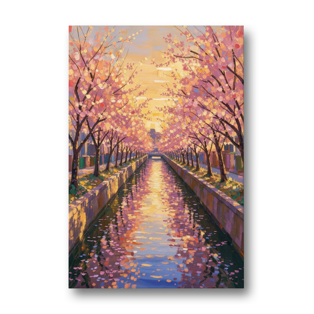 Cherry Blossom River Painting at Sunset - Canvas Wall Art - Front
