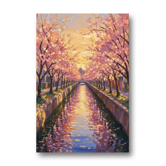 Cherry Blossom River Painting at Sunset - Canvas Wall Art - Front