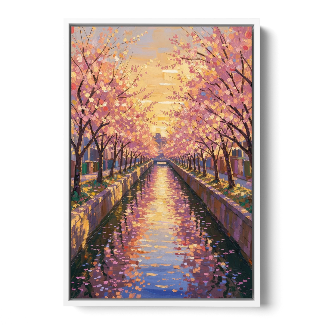 Cherry Blossom River Painting at Sunset - White Framed Canvas Wall Art - Front