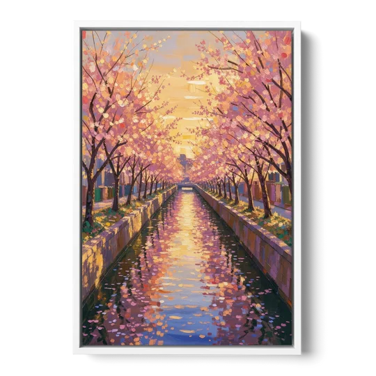 Cherry Blossom River Painting at Sunset - White Framed Canvas Wall Art - Front