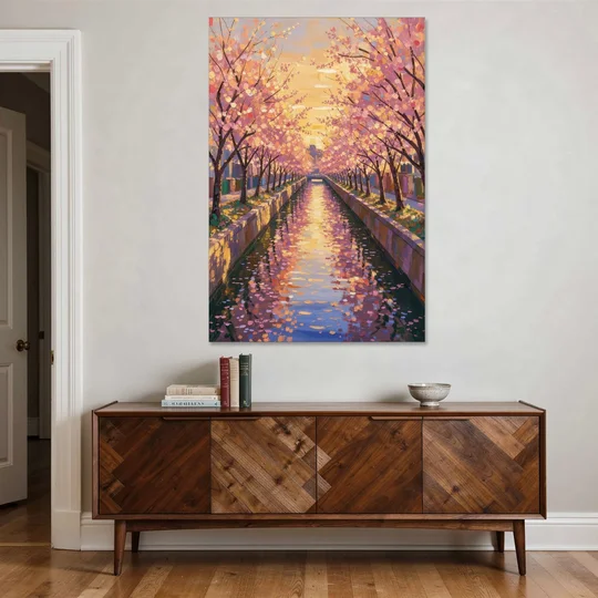 Cherry Blossom River Painting at Sunset - Canvas Wall Art - Coffee Table - 40x60