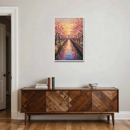 Cherry Blossom River Painting at Sunset - White Framed Canvas Wall Art - Coffee Table - 24x36