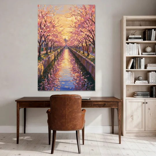Cherry Blossom River Painting at Sunset - Canvas Wall Art - Office - 40x60