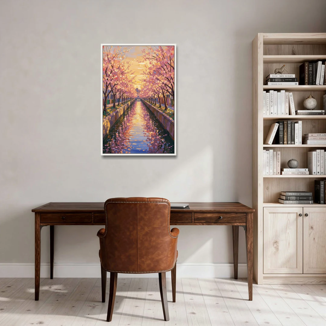 Cherry Blossom River Painting at Sunset - White Framed Canvas Wall Art - Office - 24x36